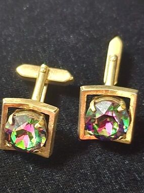 Vintage Swank Gold-Tone Cuff Links with Watermelon Vitrial Medium Mystic Topaz
